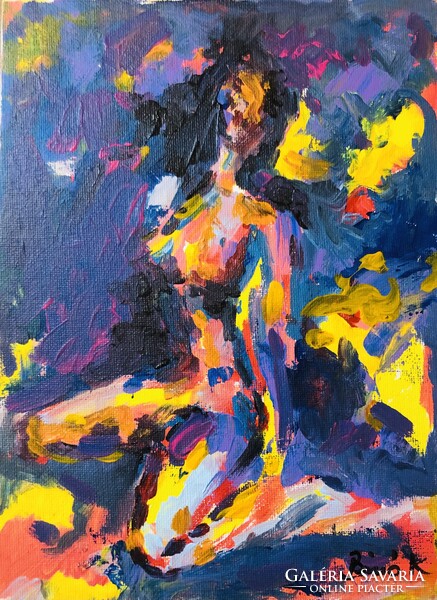 Térdelő szépség. Kvalitásos akrilfestmény  24x18 cm. Kneeling art by Konrad Biro.