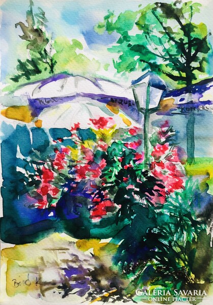 Napernyő és virágok . Egy könnyed légies akvarell