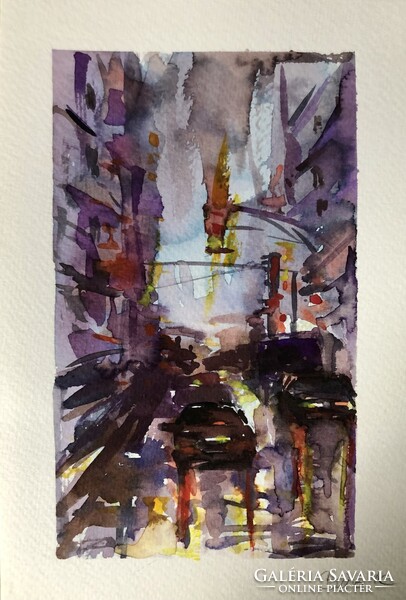 Városi élet. Nívós akvarell közvetlenül a művésztől!