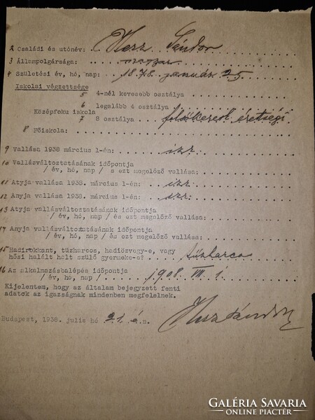 1938, tűzharcos zsidó személy adatlapja, aláírásával