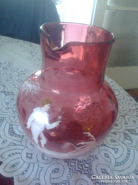 Gyönyörű,kézi festésű piros kancsó,19.sz.- végéről