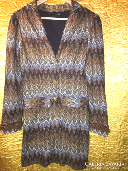 Arany szálas prém díszes kabát arany gombos alkalmi hosszú blézer felső kardigán M L