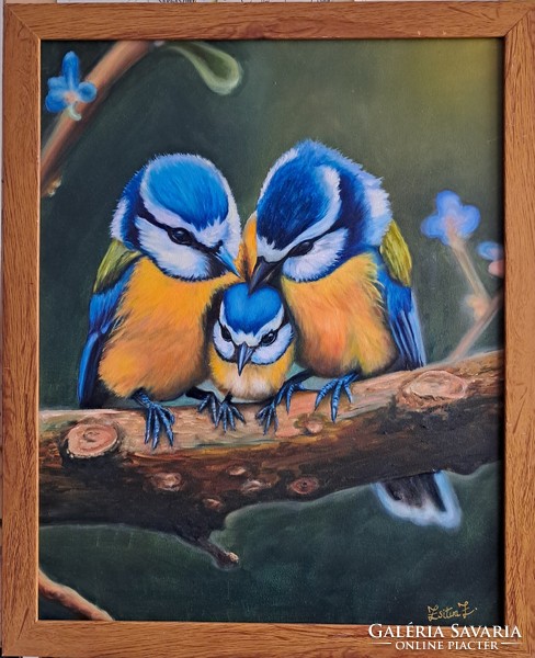 Cinkecsalád olajfestmény falemezen