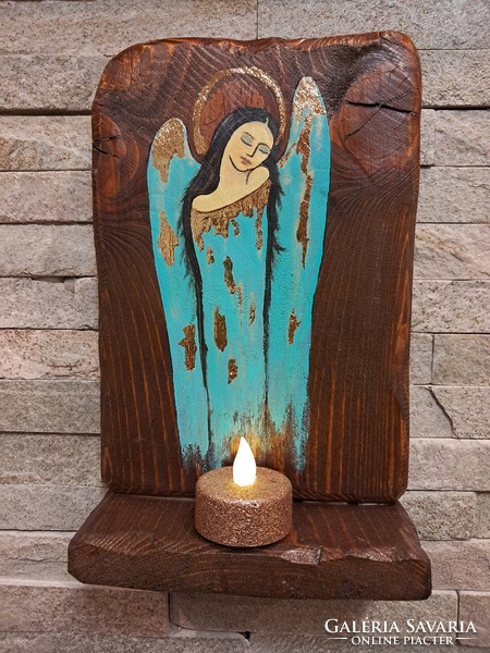 Angyalka , fára festett, aranyozott, antikolt tábla kép