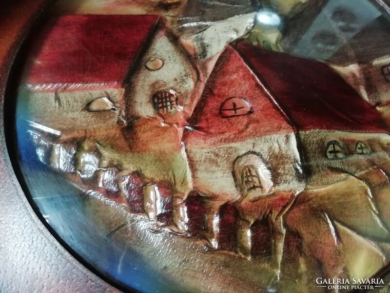 Régi bőr falikép kerek élethű hibátlan állapotban van