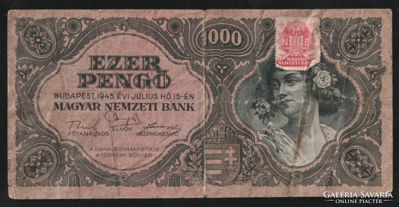 Ezer Pengő 1945 évi MNB felül bélyegezéssel