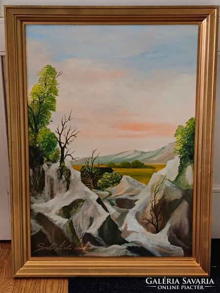 Szabó László , Sziklás táj 50x70cm tájkép- olajfestmény . Kisautó, játék csere is érdekel