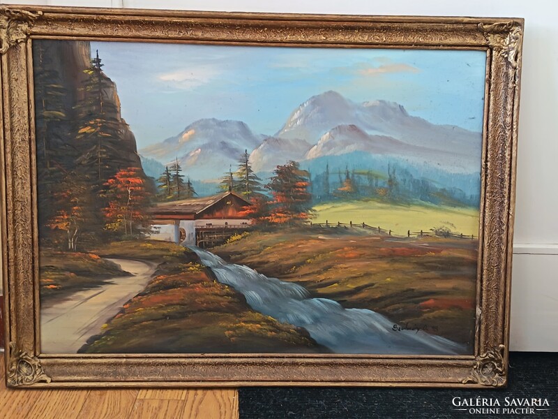 Szatmáry Ottó, 70x50cm tájkép- olajfestmény, vászon hordozón. . Kisautó, játék csere is érdekel