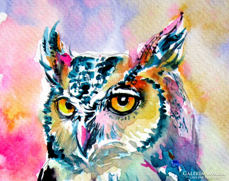Majestic colorful owl- watercolor painting/ Fenséges színes bagoly - akvarell festmény