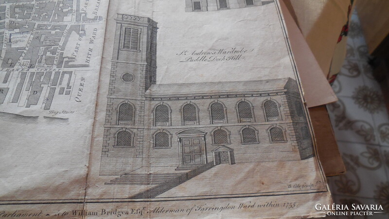 Antik térkép , LONDON 1755.  régi metszet- térkép a belvárosról a Temze Északi partja mentén