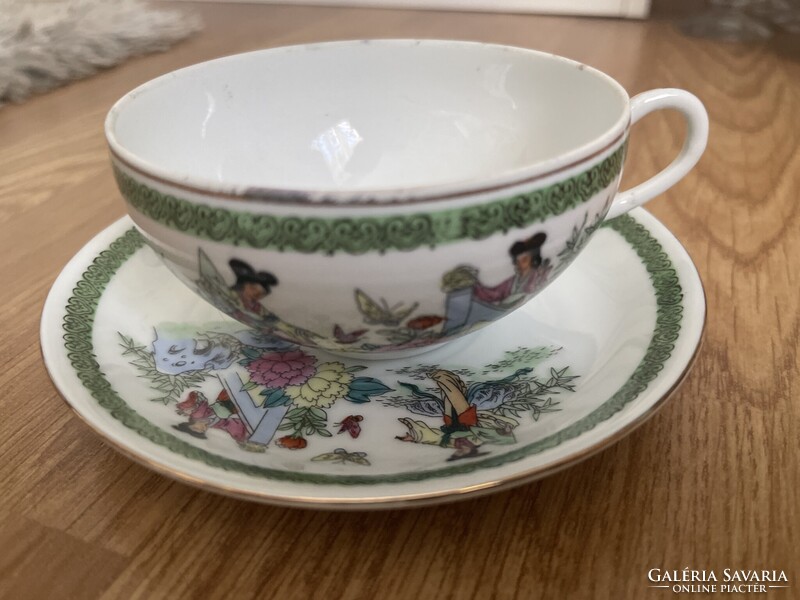 Gyönyörű gyűjtői finom vékony porcelán Kinai jelenetes teás csésze kistányérral