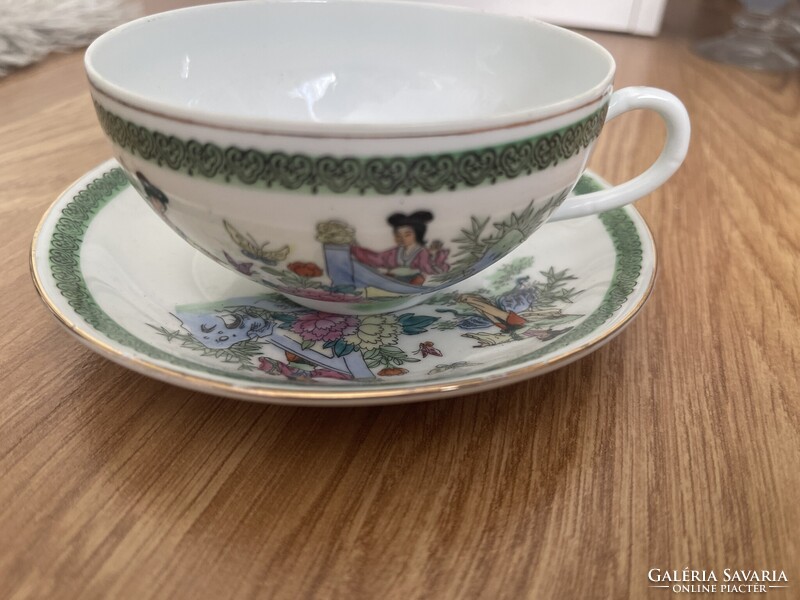 Gyönyörű gyűjtői finom vékony porcelán Kinai jelenetes teás csésze kistányérral