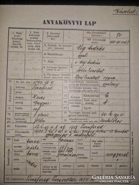 1941, katona anyakönyvi lapja sok adattal