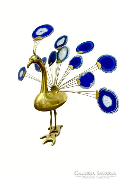 JELZETT sárgaréz páva szobor kék achát szeletekkel