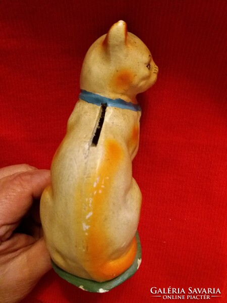 Antik cc. 1900 népi mázas kerámia persely ülő cica macska 15 x 11 cm képek szerint