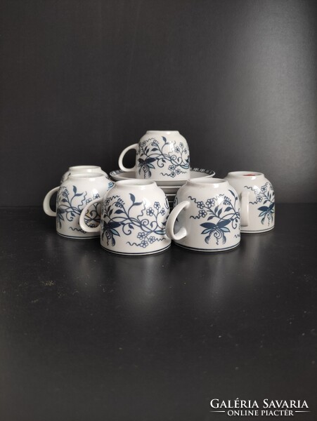 Hollóházi porcelán kávés készlet kék fehér modern hagymavirág mintával