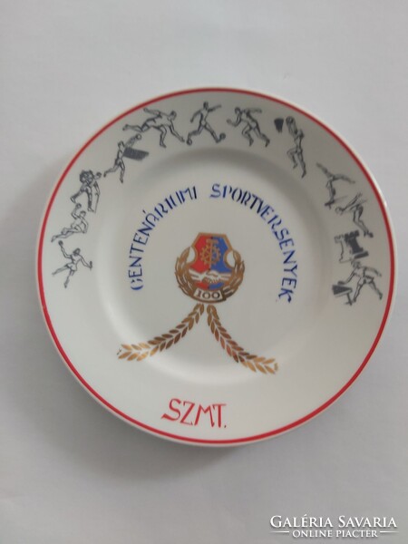 Centenáriumi Sportversenyek – 100 SZMT Hollóházi porcelán dísztányér, falra akasztható - retro
