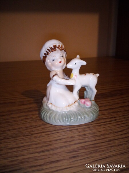 Lefton kínai porcelán lány őzzel, gidával. Hibátlan.