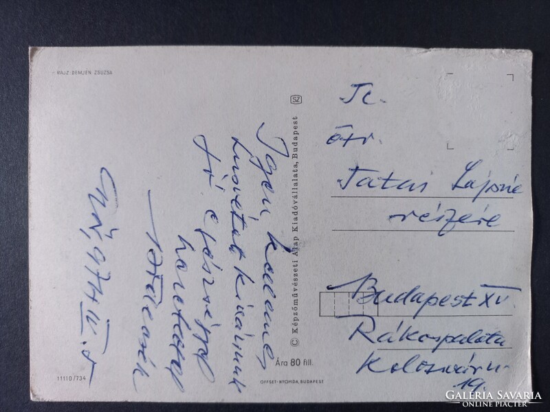 Régi  rajzos grafikus képeslap  Kellemes Húsvéti Ünnepeket! Demjén Zsuzsa