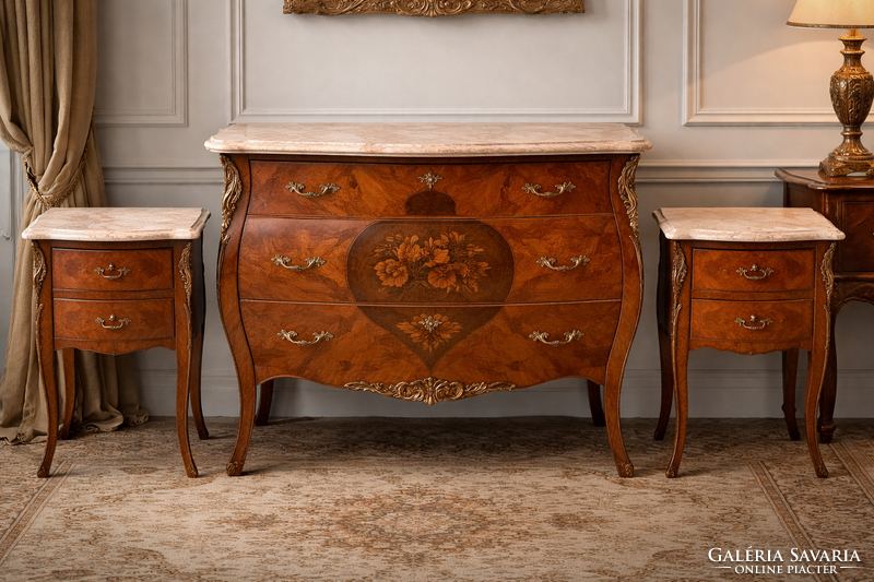 Intarziás hasas Komód két éjjeli szekrénnyel