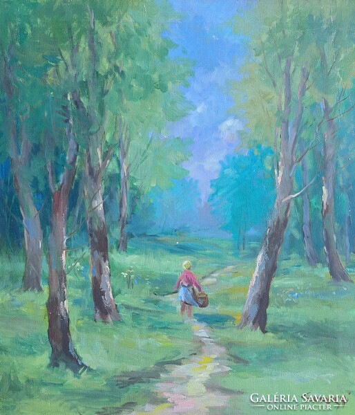 AKCIÓ! 70 x 60 CM OLAJ-VÁSZON: ERDEI SÉTA - "SOMOGYI" - Derűs tájkép fákkal