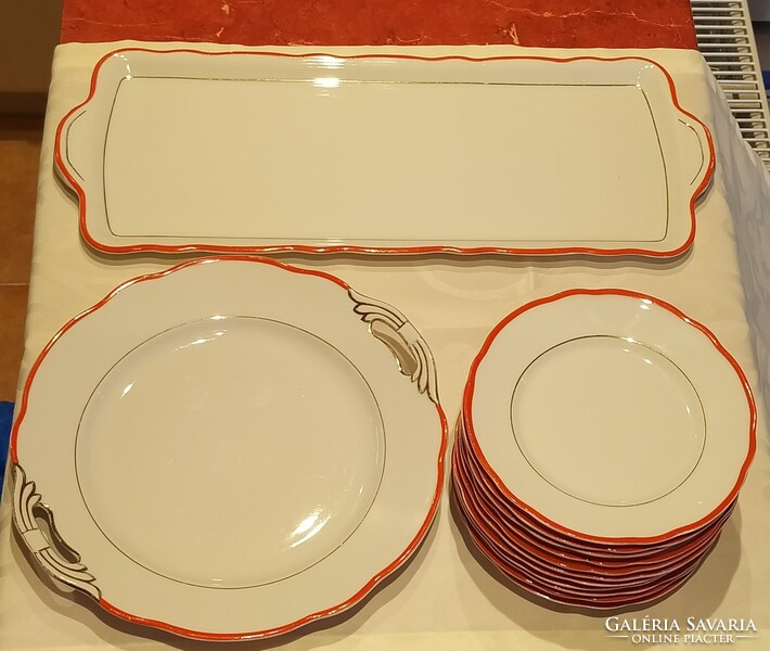 Zsolnay 6+5 darabos süteményes/szendvicses tányér szett tálalóval