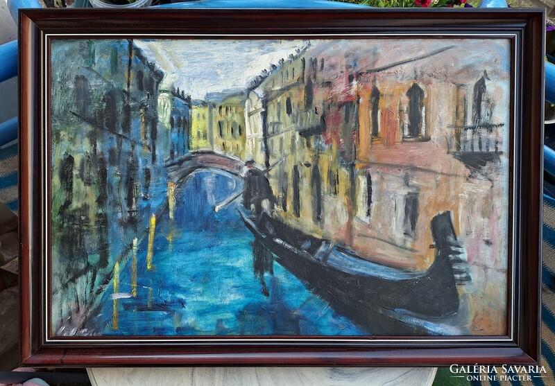 AKCIÓ! Velencei gondolás (színes olajfestmény keretben)