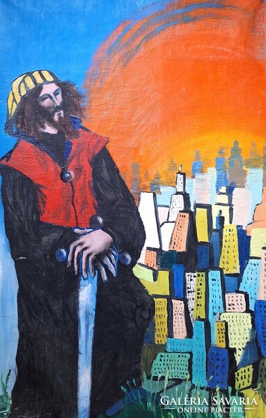 Lovag - hangulatos nagyméretű olajfestmény, szignózott - emberalak háttérben a várossal