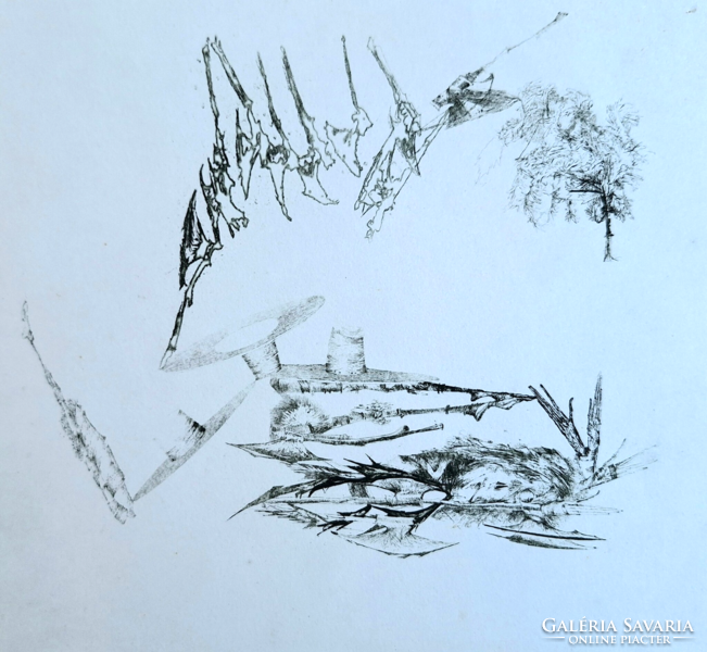 Almásy Aladár: Éles helyzetben távozott (dedikált rézkarc, 1976, 1970-es évek)