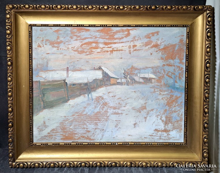 Feltehetőleg Moldován István: Téli utcakép - kvalitásos olajfestmény, arany keretben