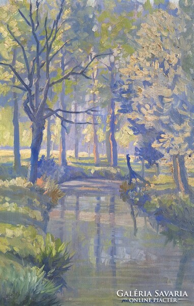 Kéklő vízparti erdőrészlet (olaj, vászon) René Pennartz erdei táj, folyóparton - Belgium