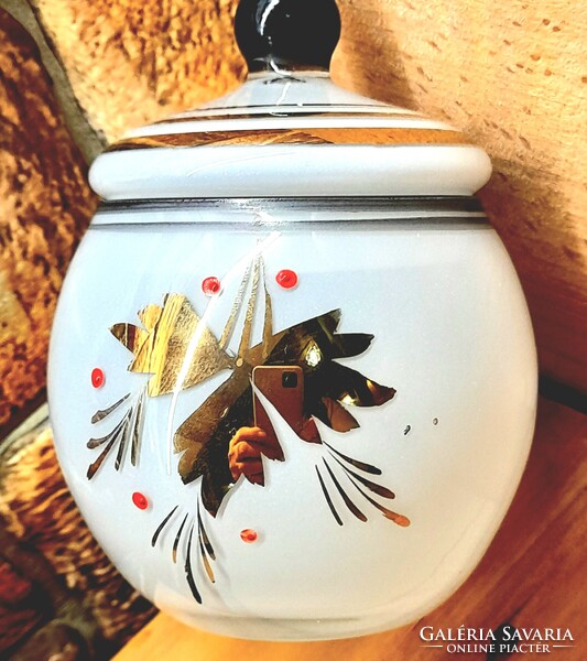 ANTIK:Opál üveg gazdagon aranyozott cukortartó/bonbonier kézi festéssel