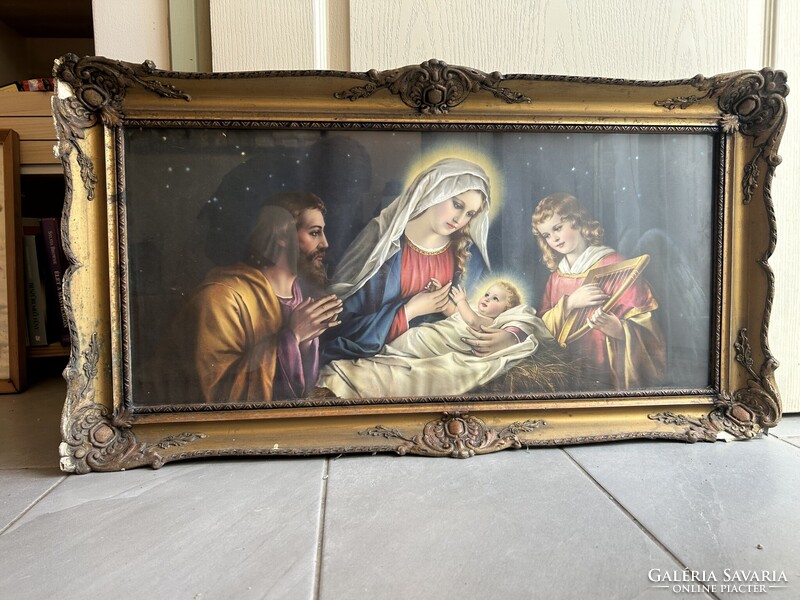 1941-es Szent Család falikép díszes, aranyozott keretben, eredeti felirattal