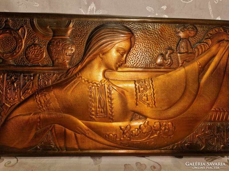 Különleges, régi, fali, domborműves réz/rézötvözetes falikép 44 cm x 21 cm