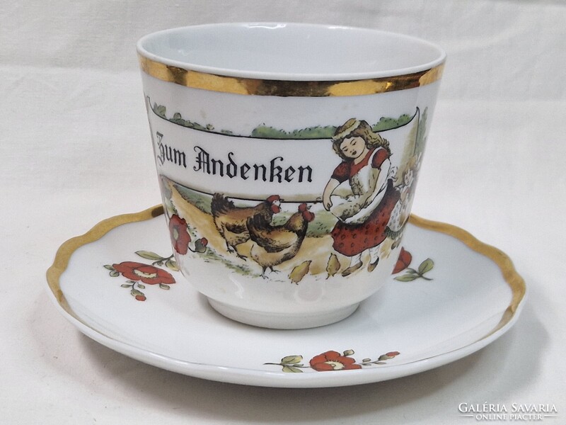 Bavaria német pipacs és tyúkokat etető kislány mintás porcelán bögre és alj hibátlan állapotban