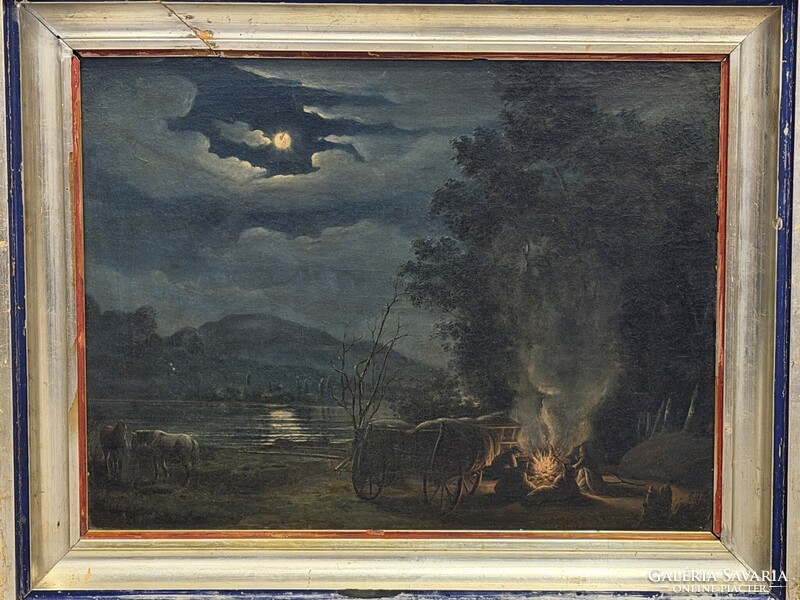 Jankó János: Tábortűz a holdfényben (Eredeti olajfestmény) Zsánerkép