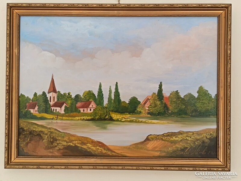 Szabó László, Látkép tóval 48x34 cm olaj/farost festmény. Kisautó, játék csere is érdekel