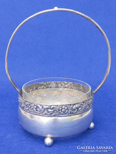 Art deco ,Dianás 900 finomságú ,fogantyúval ellátott, kristály betétes ezüst kosár 1910-20 évekből