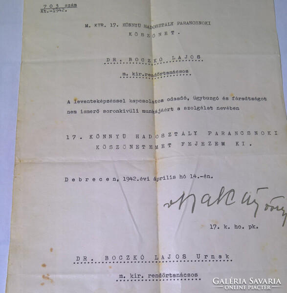 Magyar Királyi 17. honvéd könnyű hadosztály parancsnoki köszönet Vitéz Bakay vezérőrnagy parancsnok