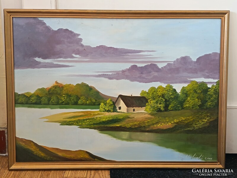 Szabó László , Patak mentén 60x40cm tájkép- olajfestmény . Kisautó, játék csere is érdekel