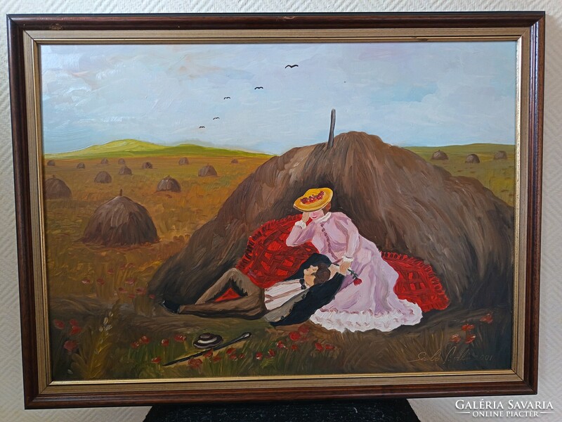 Szabó László, szénakazlak 70x50!! cm olaj/farost festmény. Kisautó, játék csere is érdekel