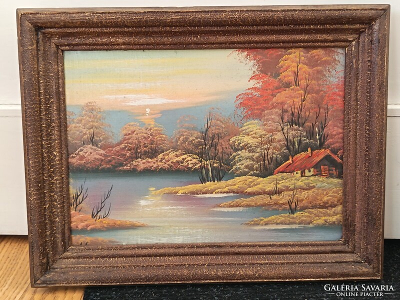 Szignózott vászon olajfestmény, 60x50xm. Kisautó, játék csere is érdekel