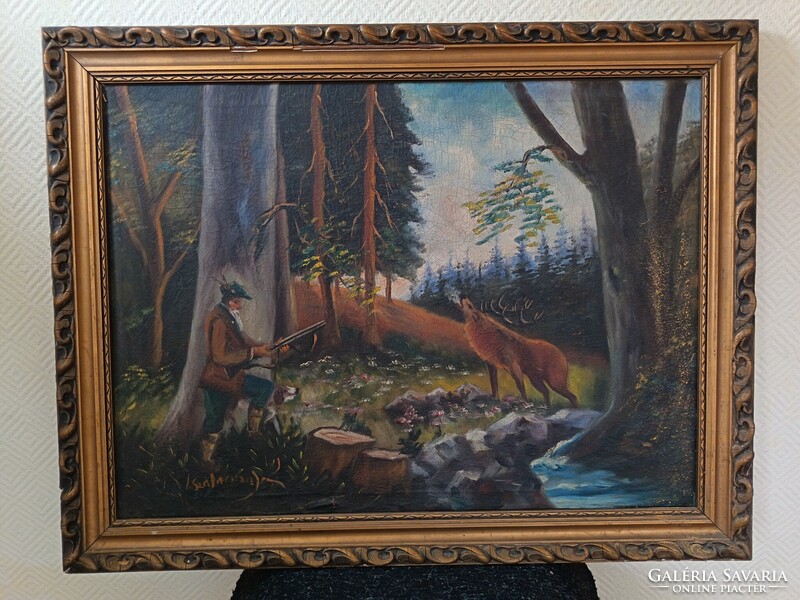 Régi, szignózott vadászjelenetes 70x50 cm olaj/vászon festmény. Kisautó, játék csere is érdekel
