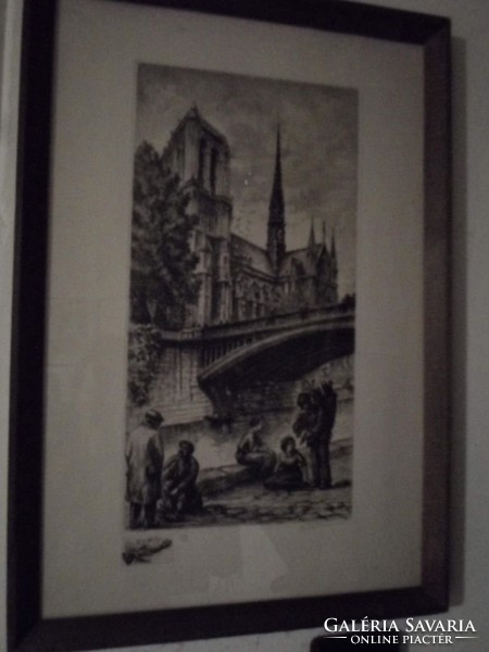 Párizs Notre Dame és Szajnapart metszet - 1970-80 fenyő keretben