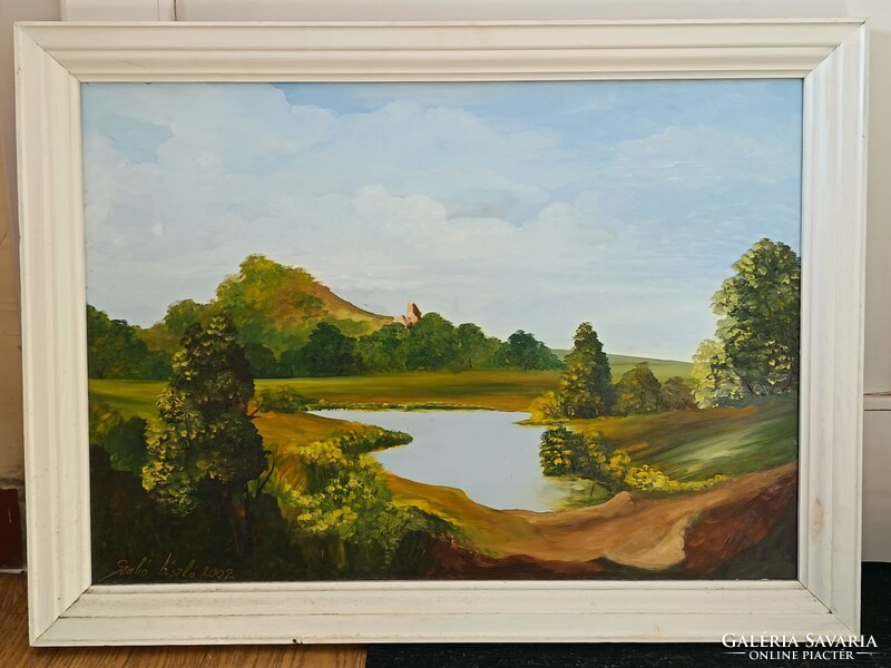Szabó László, tájkép tóval 70x50cm olajfestmény. Kisautó, játék csere is érdekel