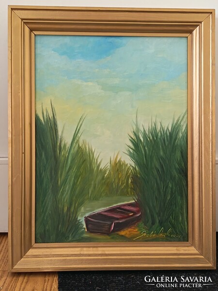 Szabó László , csónak a nádasban 34x45cm olajfestmény. Kisautó, játék csere is érdekel
