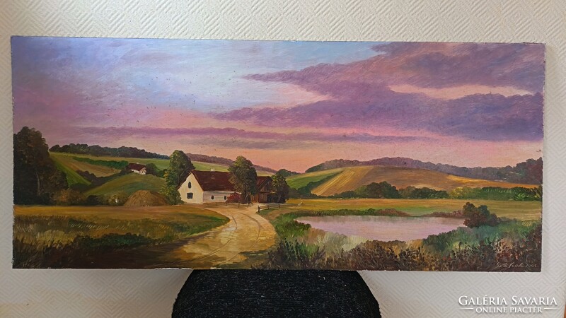 Szabó László, Út a tanyára 121x53cm! tájkép- olajfestmény . Kisautó, játék csere is érdekel