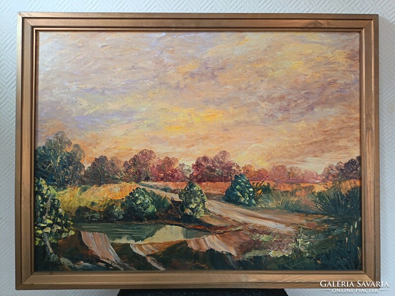 Szabó László , tájkép borús időben 80x60cm olajfestmény. Kisautó, játék csere is érdekel