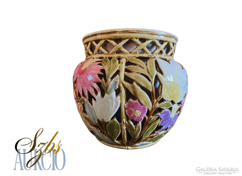 Antik Zsolnay áttört kaspó, 1880-as évek + vizsgálati lap!