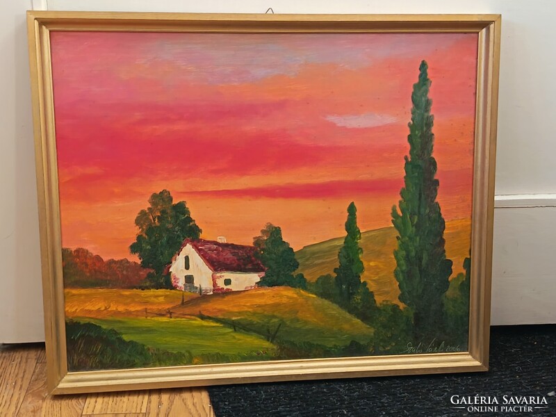 Szabó László , ház nyárfákkal 70x50cm olajfestmény. Kisautó, játék csere is érdekel